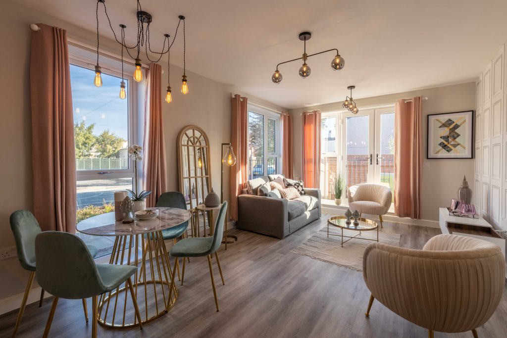 Living/dining area at 2-bed shared ownership apartments in New Brighton, Wirral