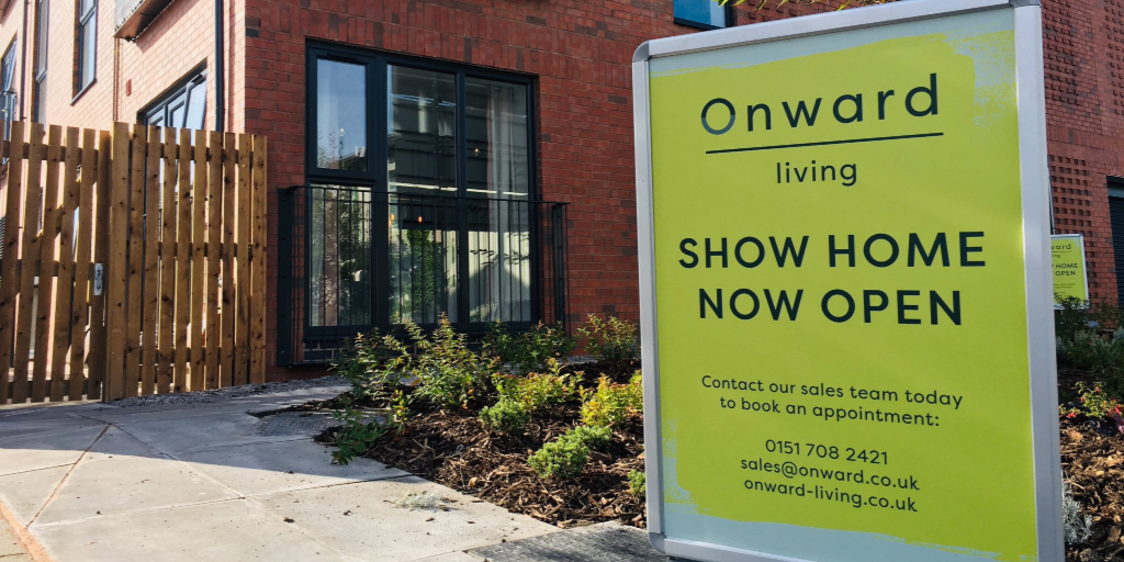 Show home sign at Potters Mews. New Brighton, Wirral