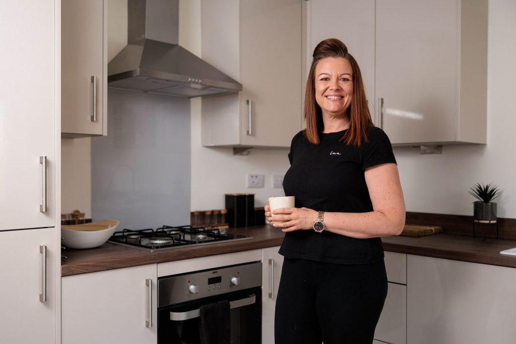 Rachel in her new kitchen at Elston Park